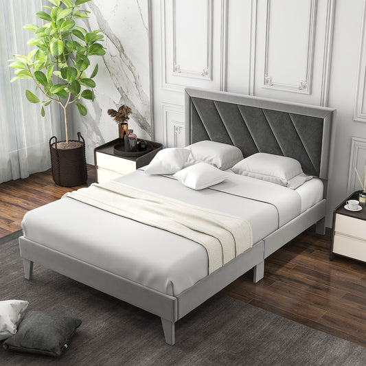 Luxurious Velvet Platform Bed with High Headboard and Wooden Slats - Full Size