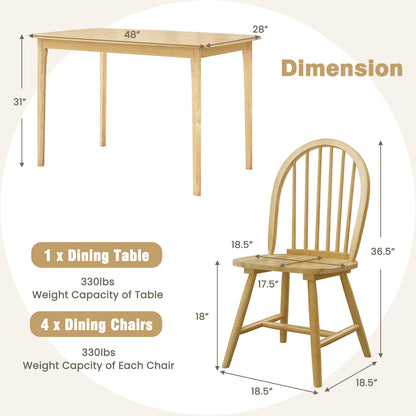 Farmhouse Style 5-Piece Dining Set with Solid Wood Table and 4 Windsor Back Chairs