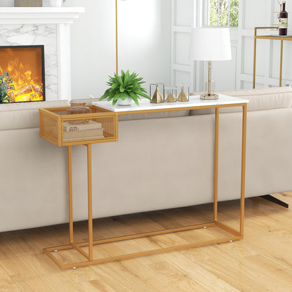 Elegant Rectangular Console Table with White Faux Marble Top and Storage Basket