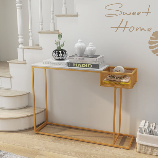Elegant Rectangular Console Table with White Faux Marble Top and Storage Basket