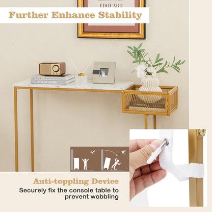 Elegant Rectangular Console Table with White Faux Marble Top and Storage Basket