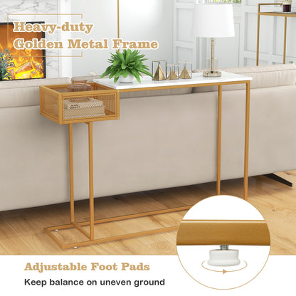 Elegant Rectangular Console Table with White Faux Marble Top and Storage Basket