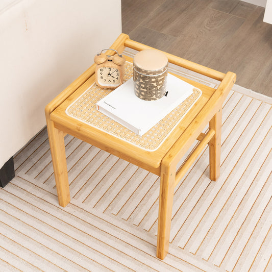 Versatile Bamboo Stool with Rattan Top for Makeup, Entryway or Footrest Use