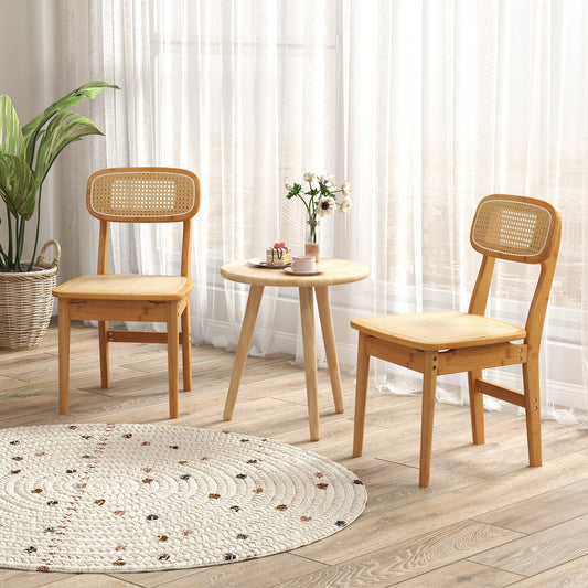 Natural Bamboo Rattan Dining Chairs with Ergonomic Simulated Rattan Backrest, Set of 2