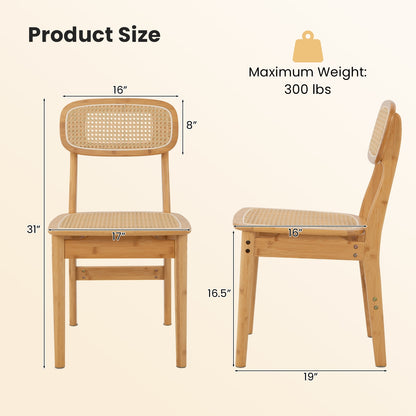 Natural Bamboo Rattan Dining Chairs with Ergonomic Simulated Rattan Backrest, Set of 2