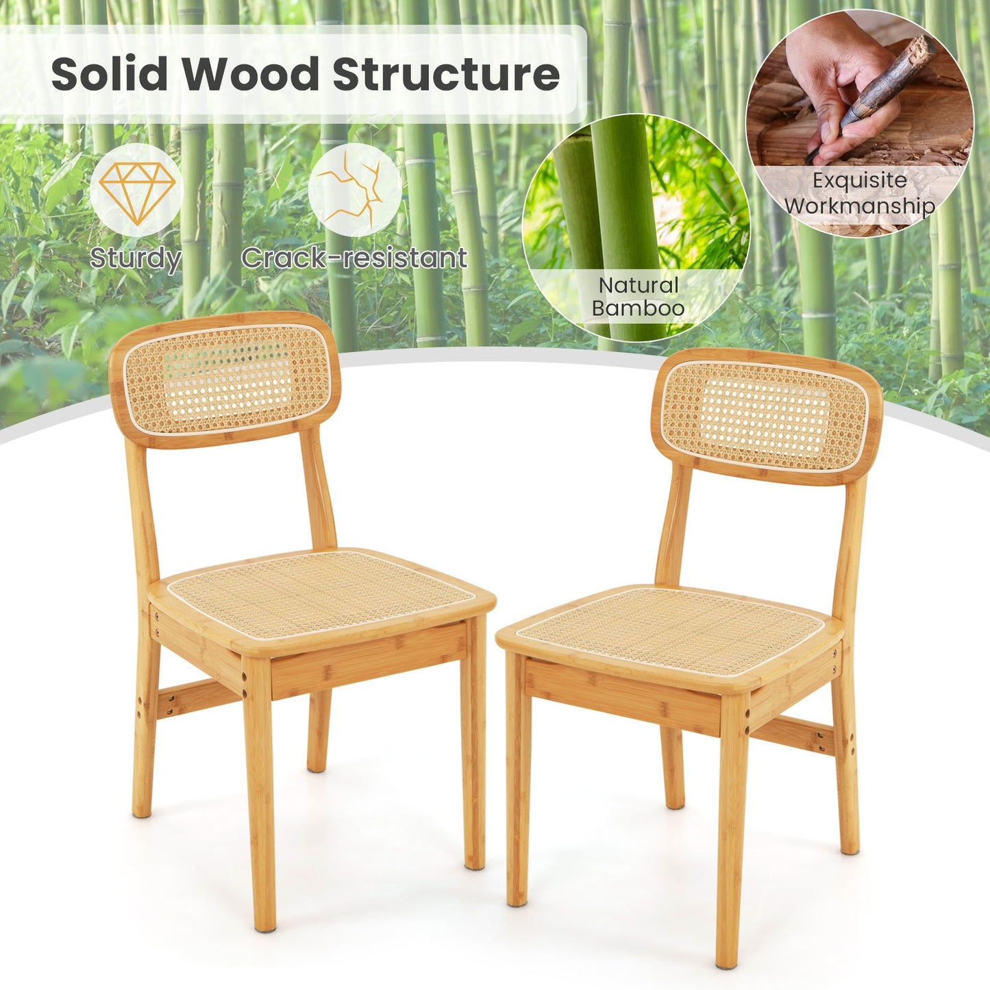 Natural Bamboo Rattan Dining Chairs with Ergonomic Simulated Rattan Backrest, Set of 2