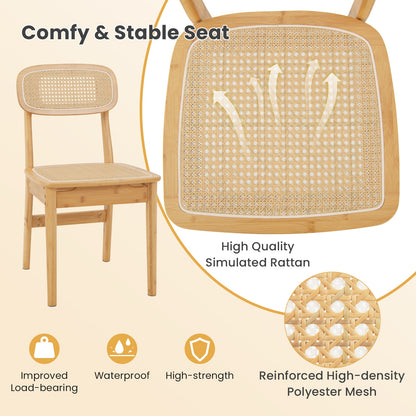 Natural Bamboo Rattan Dining Chairs with Ergonomic Simulated Rattan Backrest, Set of 2