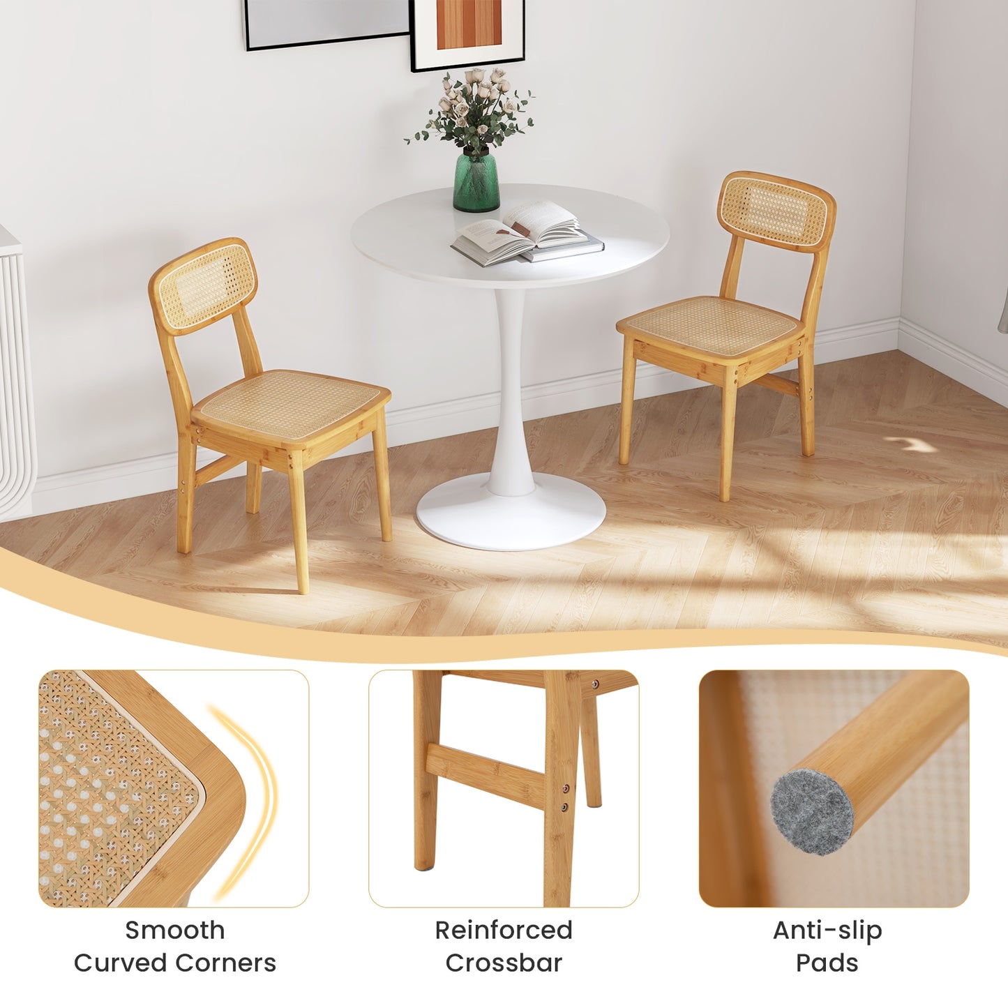 Natural Bamboo Rattan Dining Chairs with Ergonomic Simulated Rattan Backrest, Set of 2