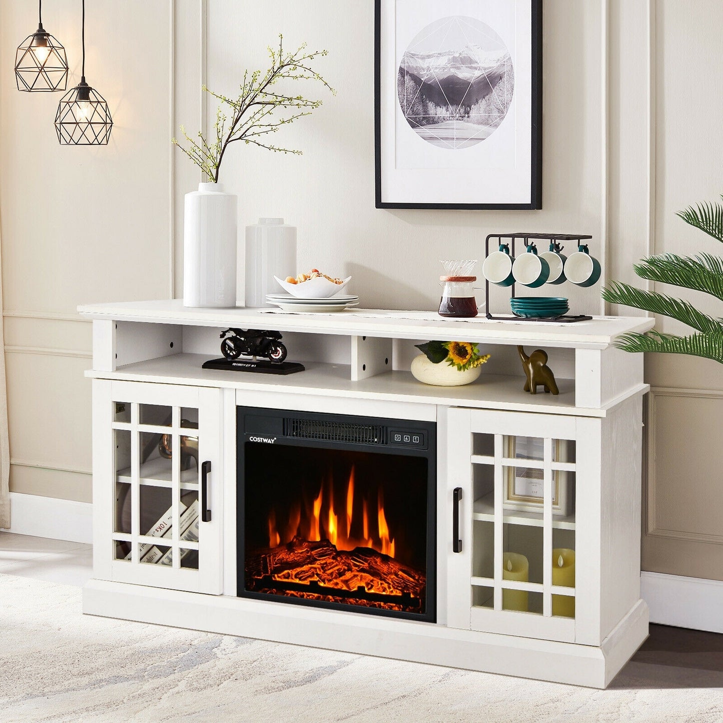 Modern 48 Inch TV Stand with Electric Fireplace and Adjustable Cabinets for TVs Up to 55 Inches - White