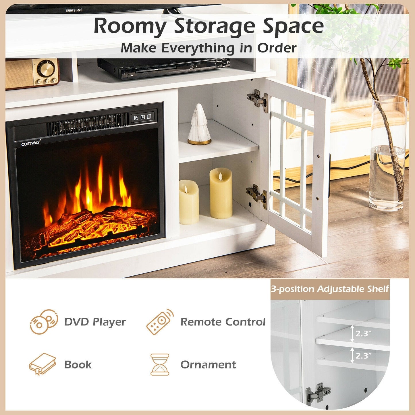Modern 48 Inch TV Stand with Electric Fireplace and Adjustable Cabinets for TVs Up to 55 Inches - White