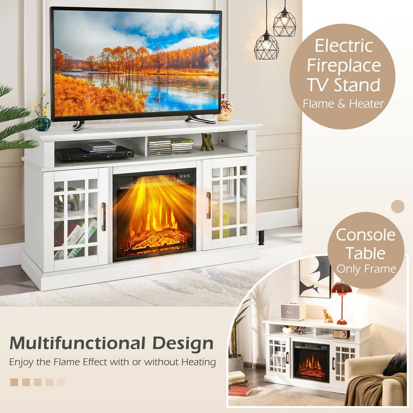 Modern 48 Inch TV Stand with Electric Fireplace and Adjustable Cabinets for TVs Up to 55 Inches - White