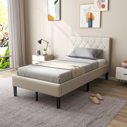 Beige Twin Size Upholstered Platform Bed with Button Tufted Headboard & Premium Comfort