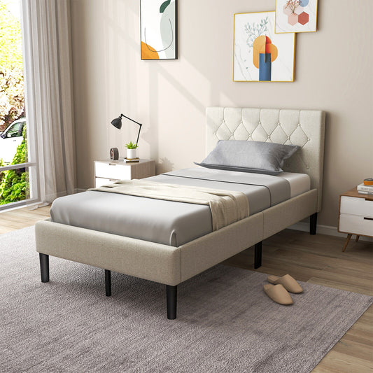 Beige Twin Size Upholstered Platform Bed with Button Tufted Headboard & Premium Comfort