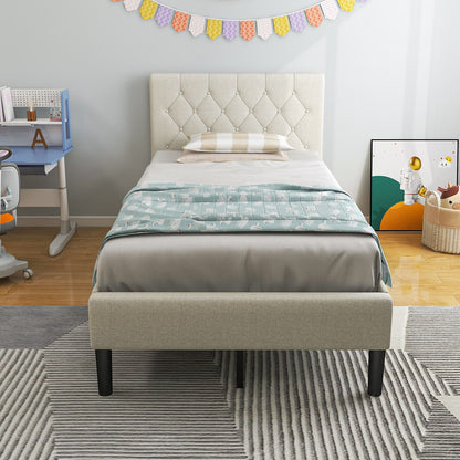 Beige Twin Size Upholstered Platform Bed with Button Tufted Headboard & Premium Comfort