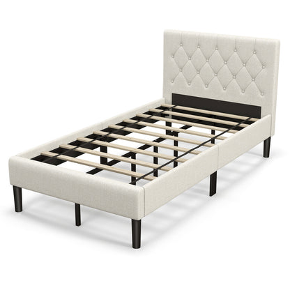 Beige Twin Size Upholstered Platform Bed with Button Tufted Headboard & Premium Comfort