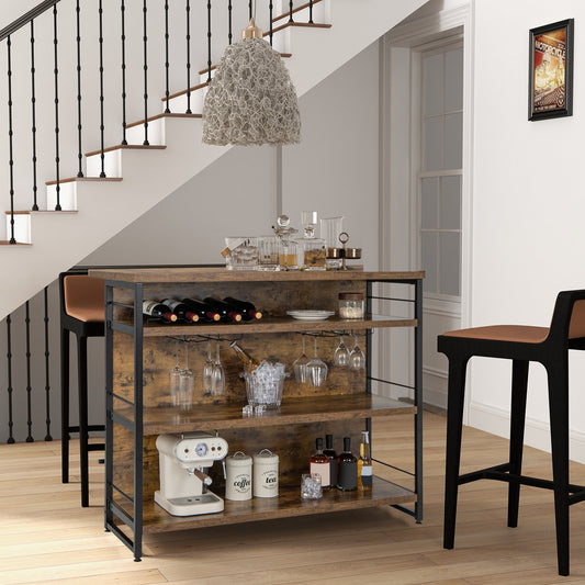 Multi-Level Kitchen Island Table with Wine Rack and Foot Bar - Rustic Brown