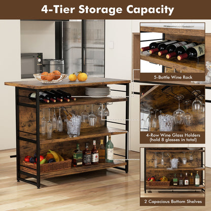 Multi-Level Kitchen Island Table with Wine Rack and Foot Bar - Rustic Brown