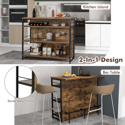 Multi-Level Kitchen Island Table with Wine Rack and Foot Bar - Rustic Brown