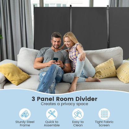 6 Foot 3 Panel Grey Room Divider with Durable Hinges and Steel Base