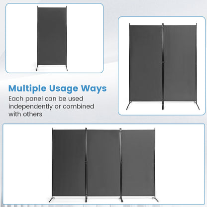 6 Foot 3 Panel Grey Room Divider with Durable Hinges and Steel Base