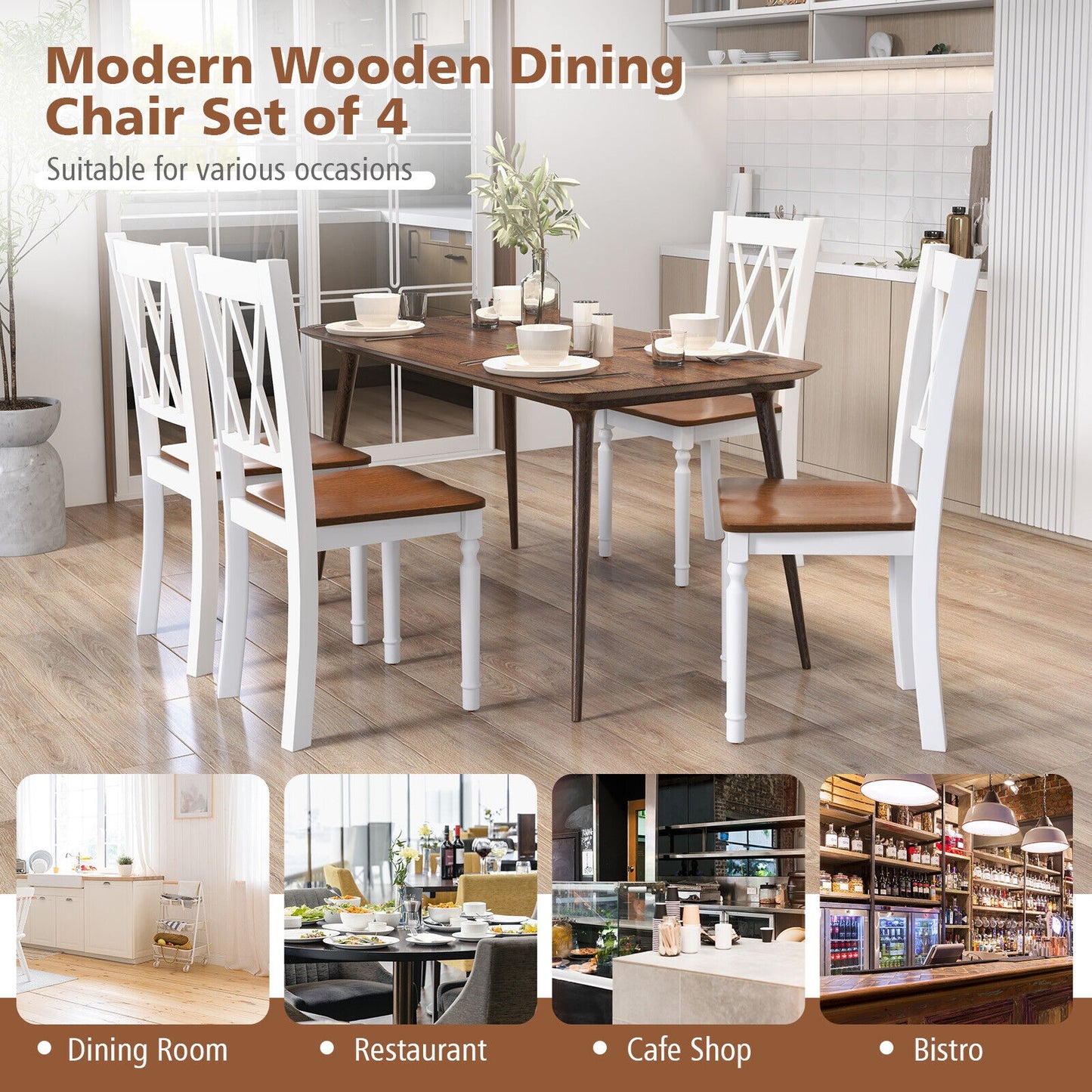 Farmhouse Wooden Dining Chairs with Rubber Wood Seat and Curved Backrest, Set of 2/4