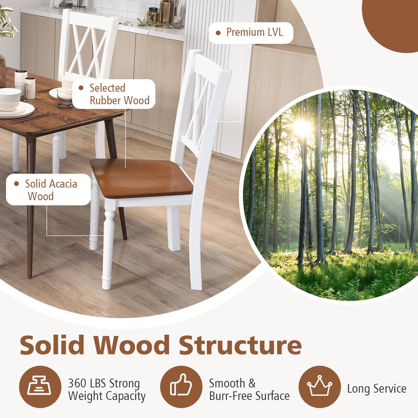Farmhouse Wooden Dining Chairs with Rubber Wood Seat and Curved Backrest, Set of 2/4