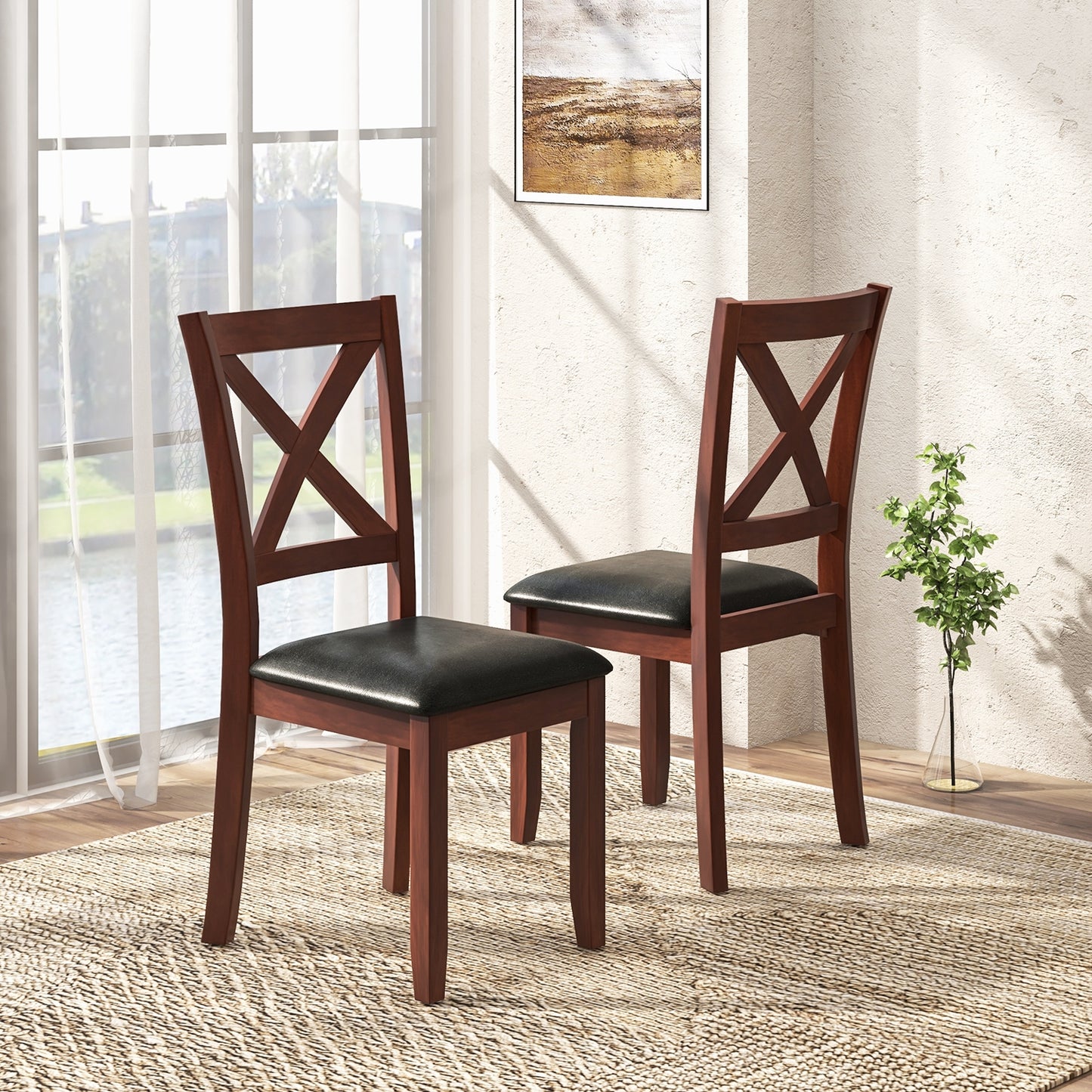 Ergonomic Wooden Dining Chairs with Padded Seat and Rubber Wood Legs, Set of 2