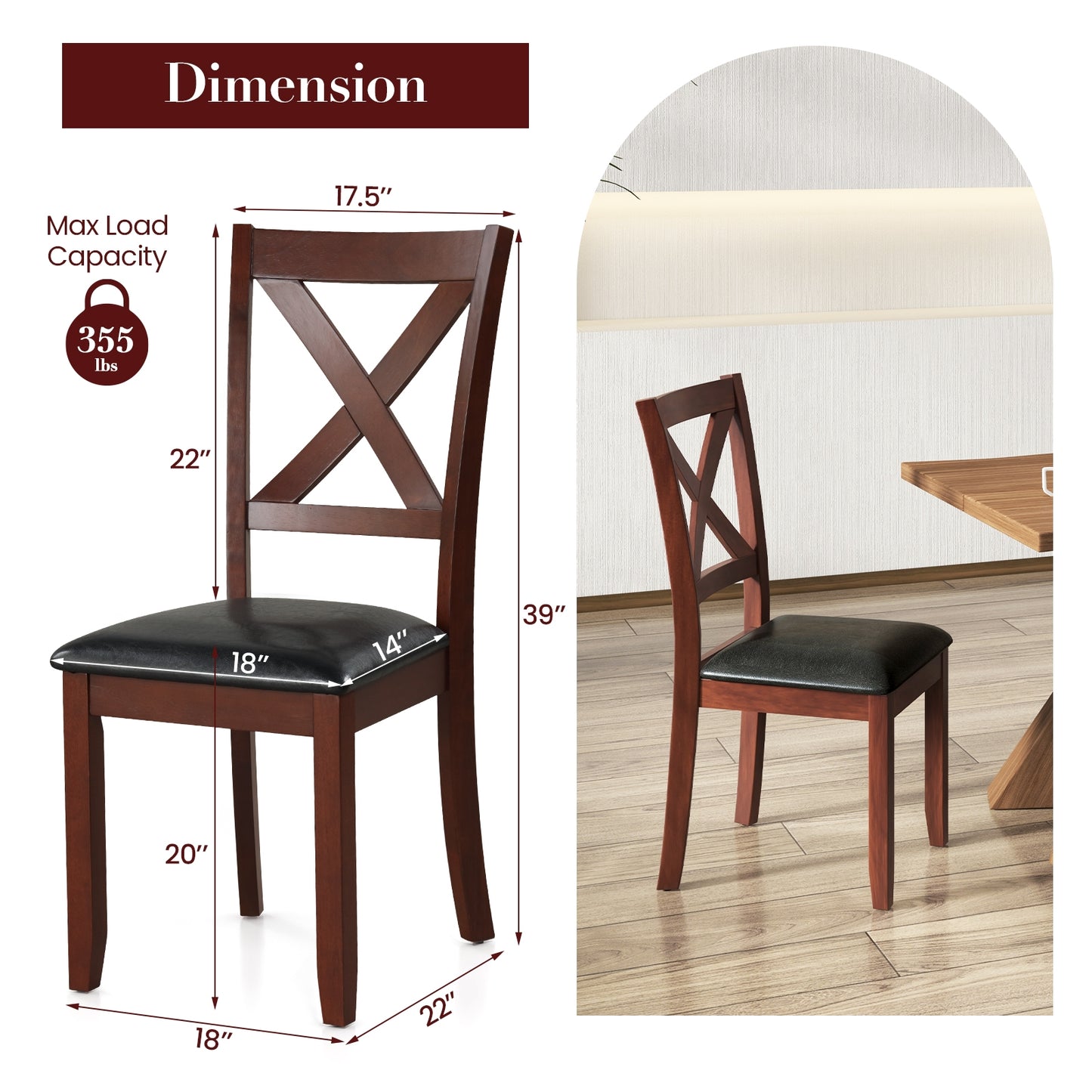 Ergonomic Wooden Dining Chairs with Padded Seat and Rubber Wood Legs, Set of 2