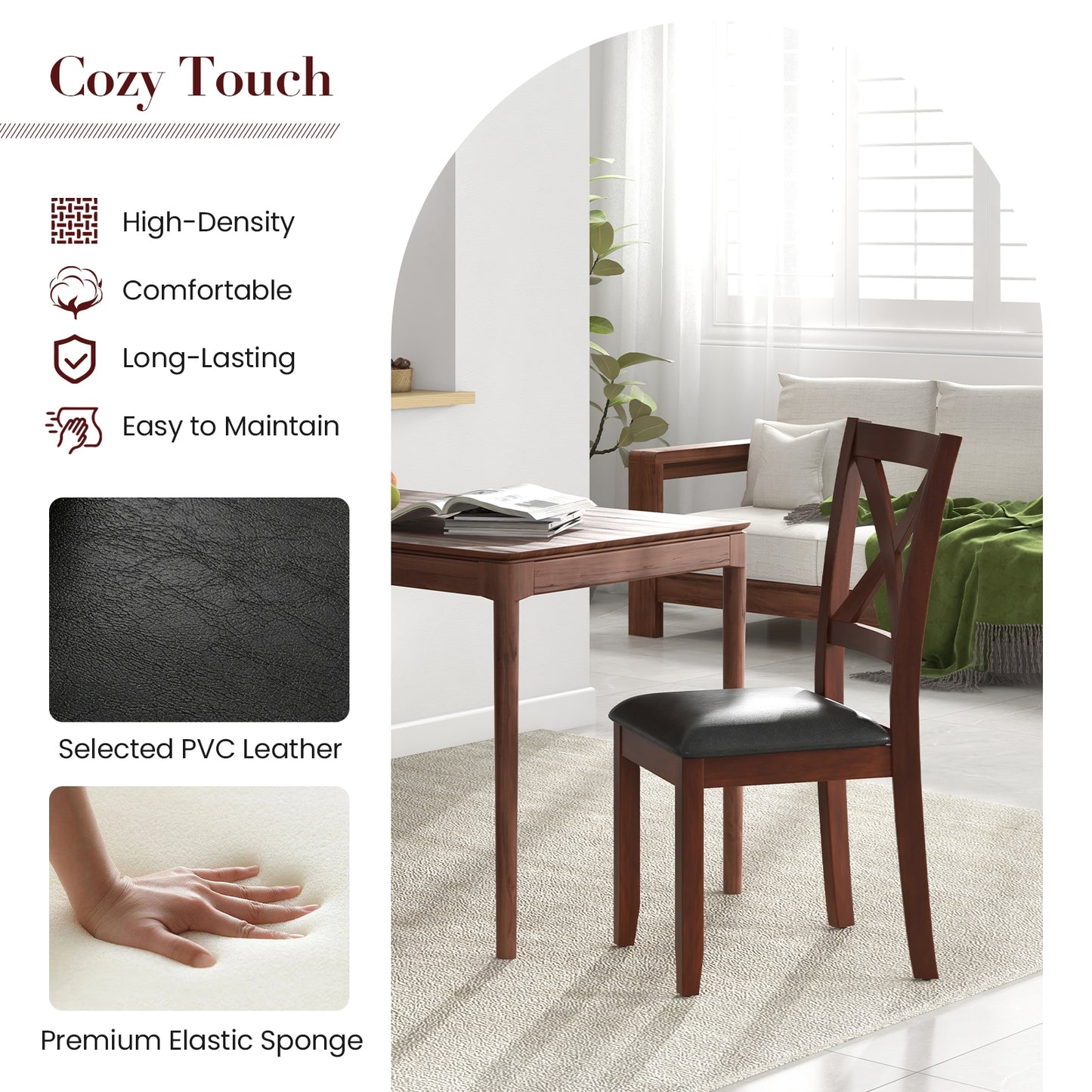 Ergonomic Wooden Dining Chairs with Padded Seat and Rubber Wood Legs, Set of 2