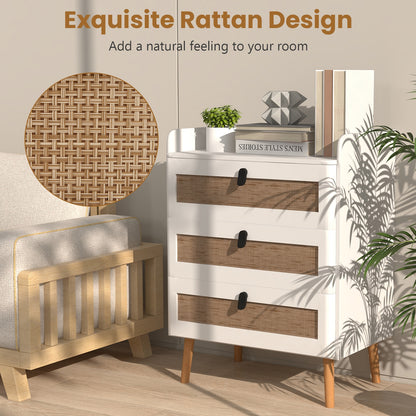 Modern End Table with 3 Rattan-Decorated Drawers for Storage