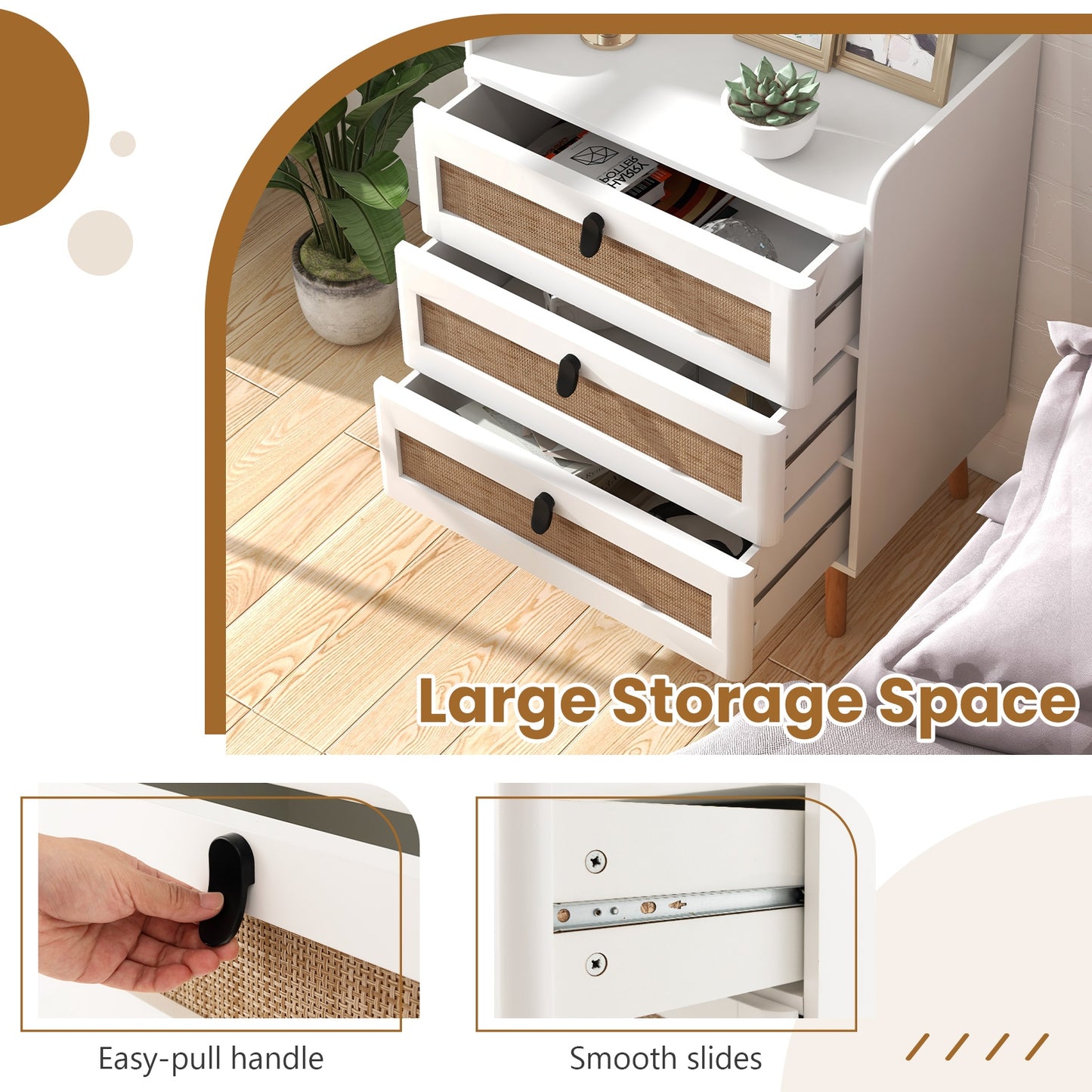 Modern End Table with 3 Rattan-Decorated Drawers for Storage