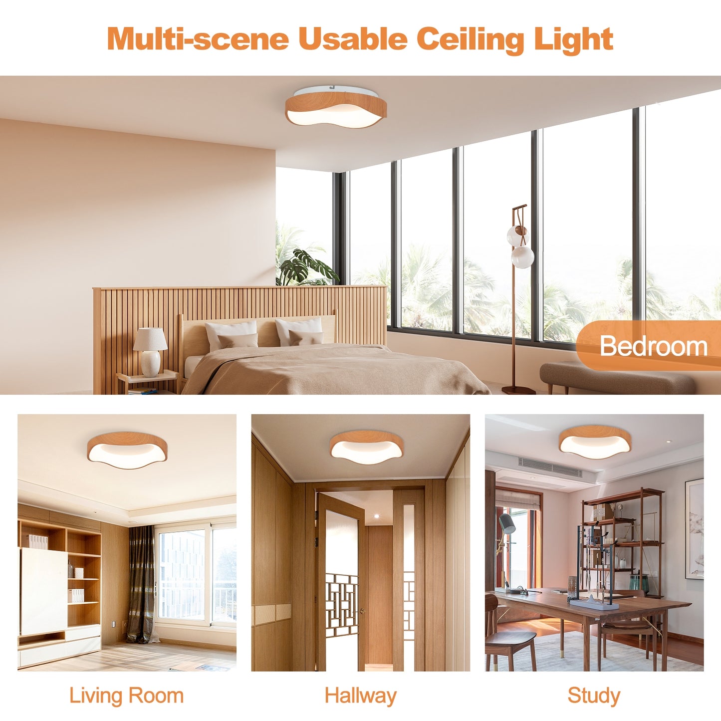 24W LED Mount Ceiling Light with Wood Texture & Metal Frame – Natural