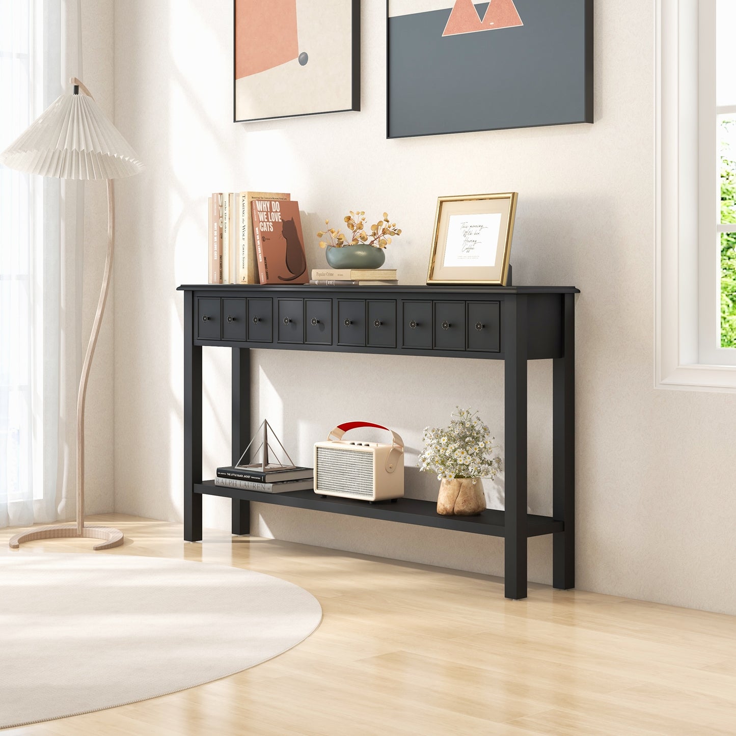 Spacious 60 Inch Sofa Table with 4 Drawers and Open Shelf for Living Room - Black