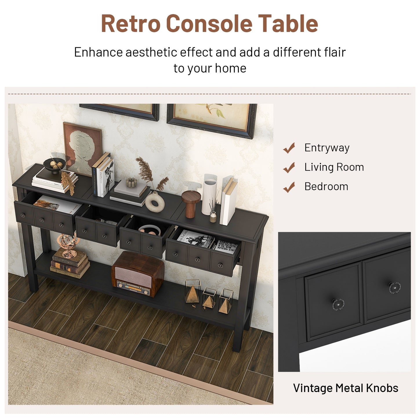Spacious 60 Inch Sofa Table with 4 Drawers and Open Shelf for Living Room - Black
