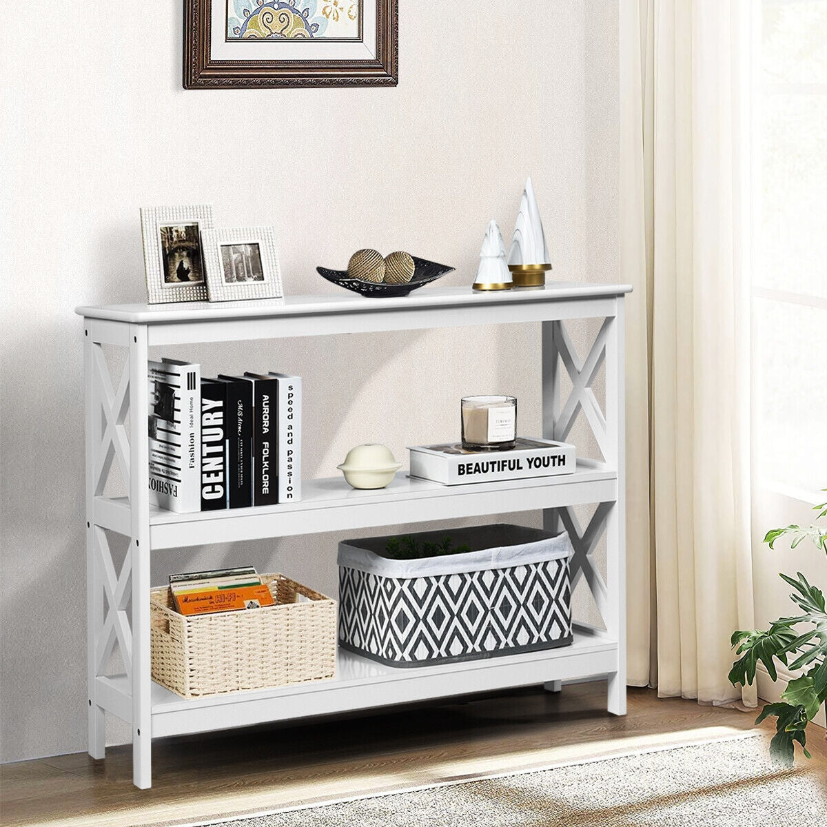 3 Tier Console Table with X Design in White for Entryway or Living Room
