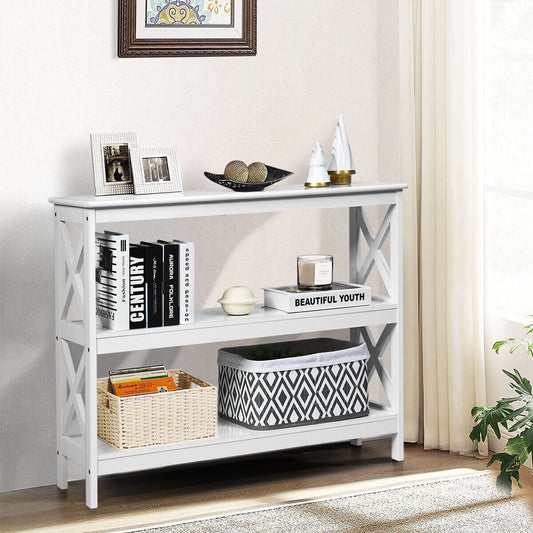 3 Tier Console Table with X Design in White for Entryway or Living Room