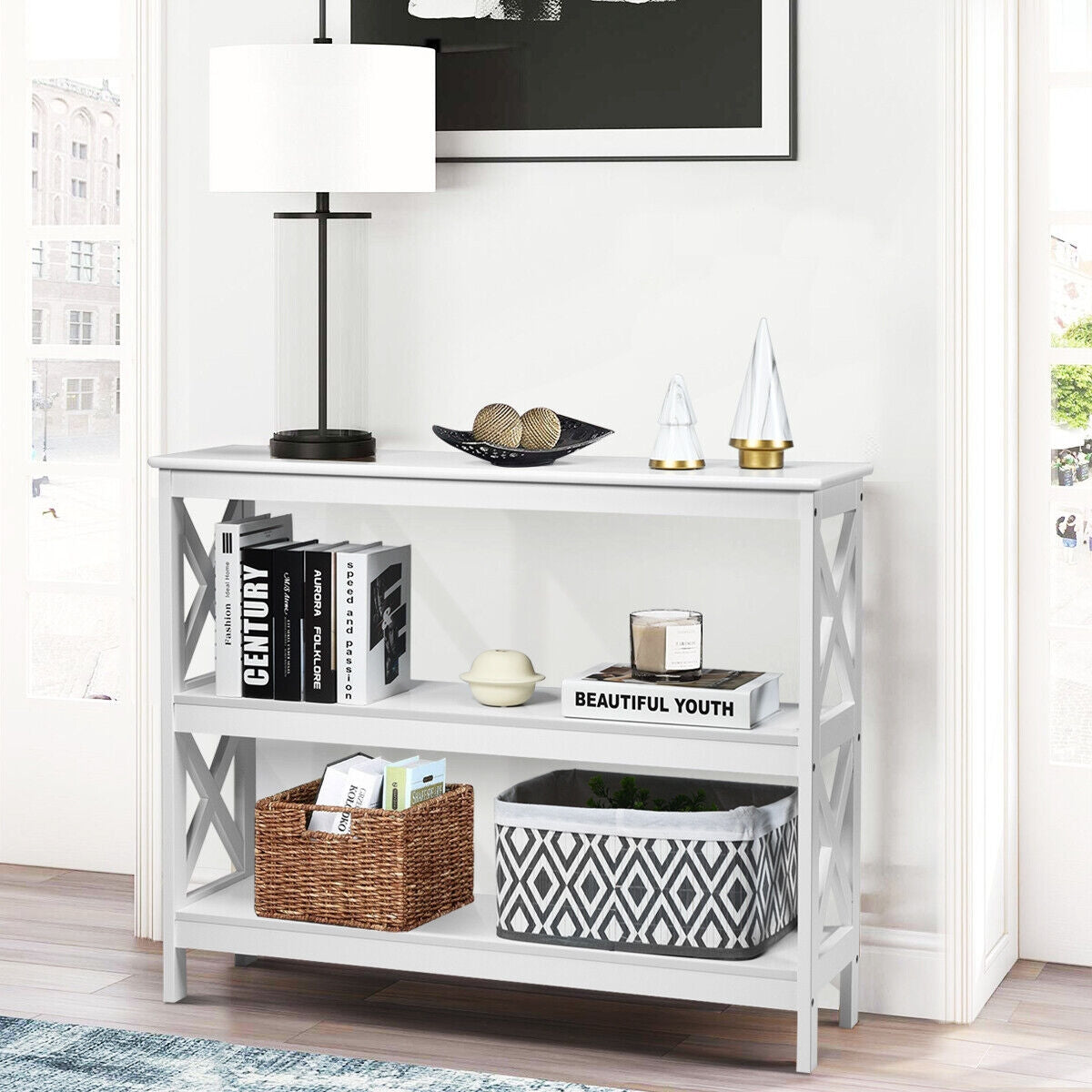 3 Tier Console Table with X Design in White for Entryway or Living Room