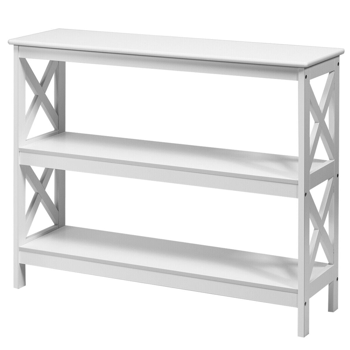 3 Tier Console Table with X Design in White for Entryway or Living Room