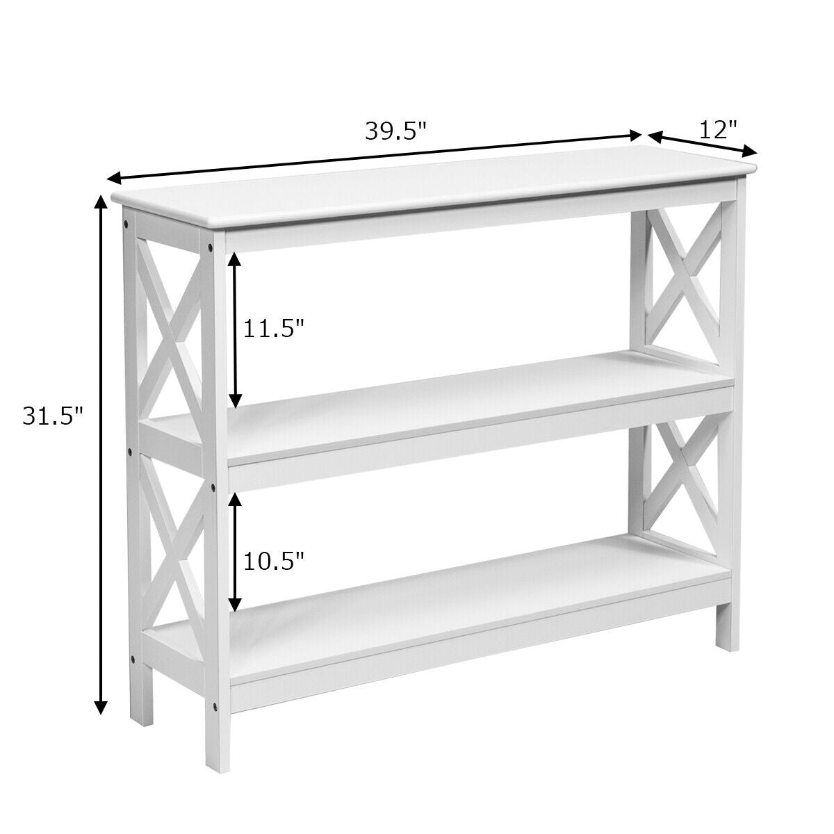 3 Tier Console Table with X Design in White for Entryway or Living Room