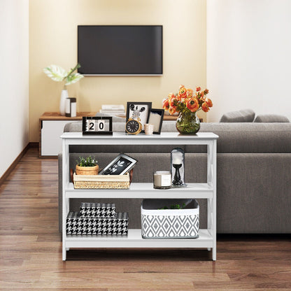 3 Tier Console Table with X Design in White for Entryway or Living Room