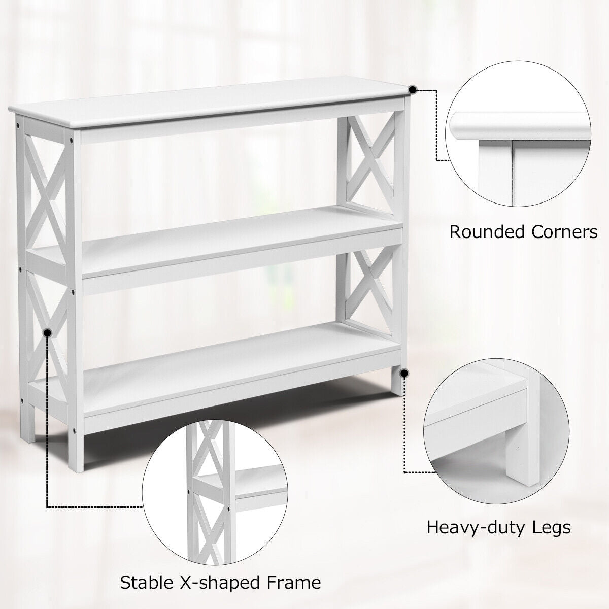 3 Tier Console Table with X Design in White for Entryway or Living Room