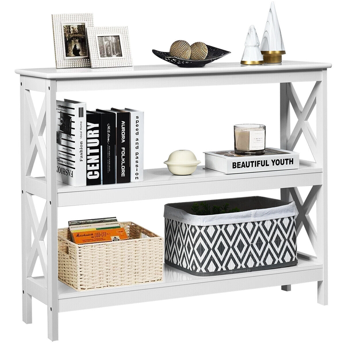 3 Tier Console Table with X Design in White for Entryway or Living Room
