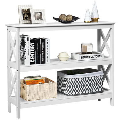 3 Tier Console Table with X Design in White for Entryway or Living Room