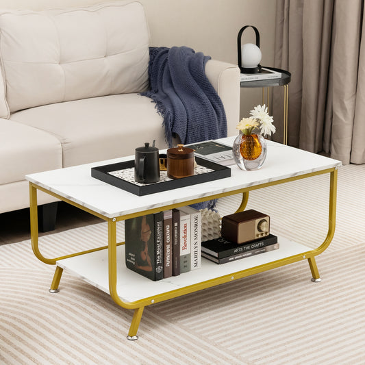 Modern Rectangular Coffee Table with Faux Marble Top and Two-Tier Metal Frame