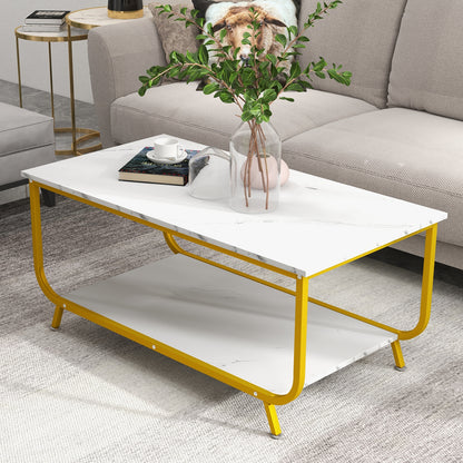 Modern Rectangular Coffee Table with Faux Marble Top and Two-Tier Metal Frame