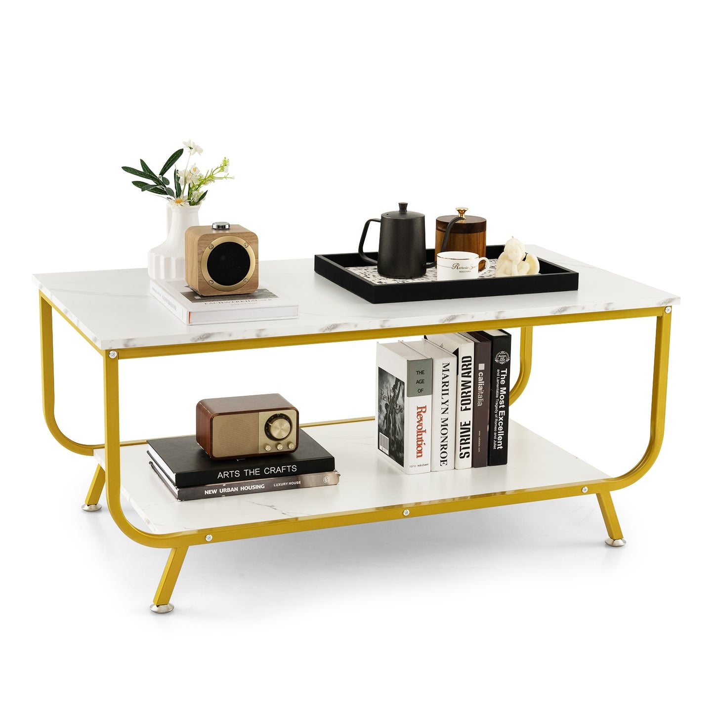 Modern Rectangular Coffee Table with Faux Marble Top and Two-Tier Metal Frame