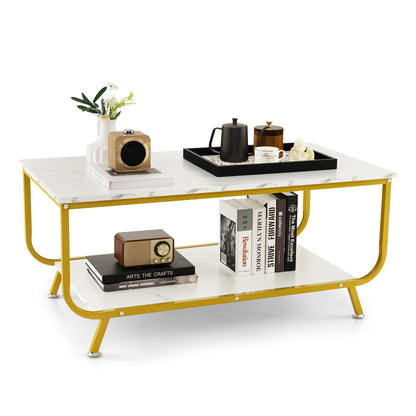 Modern Rectangular Coffee Table with Faux Marble Top and Two-Tier Metal Frame