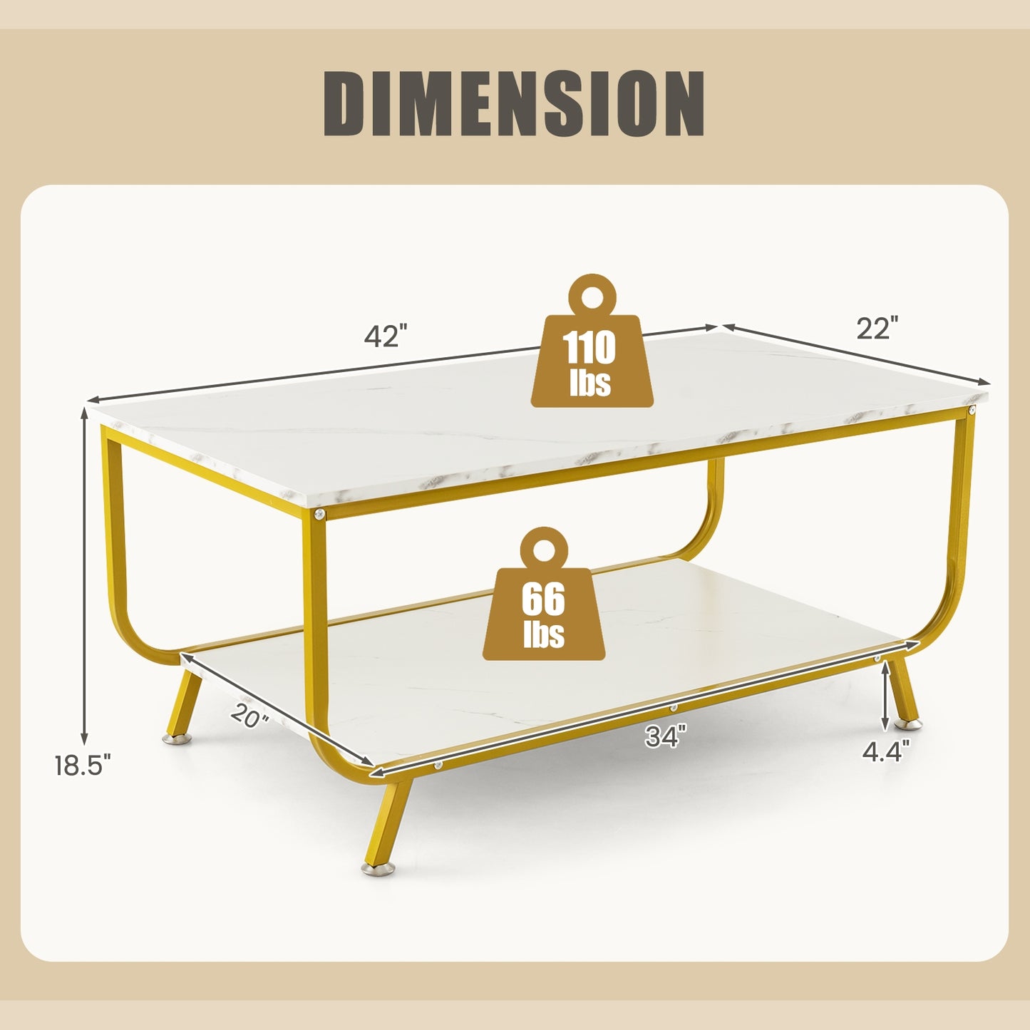 Modern Rectangular Coffee Table with Faux Marble Top and Two-Tier Metal Frame
