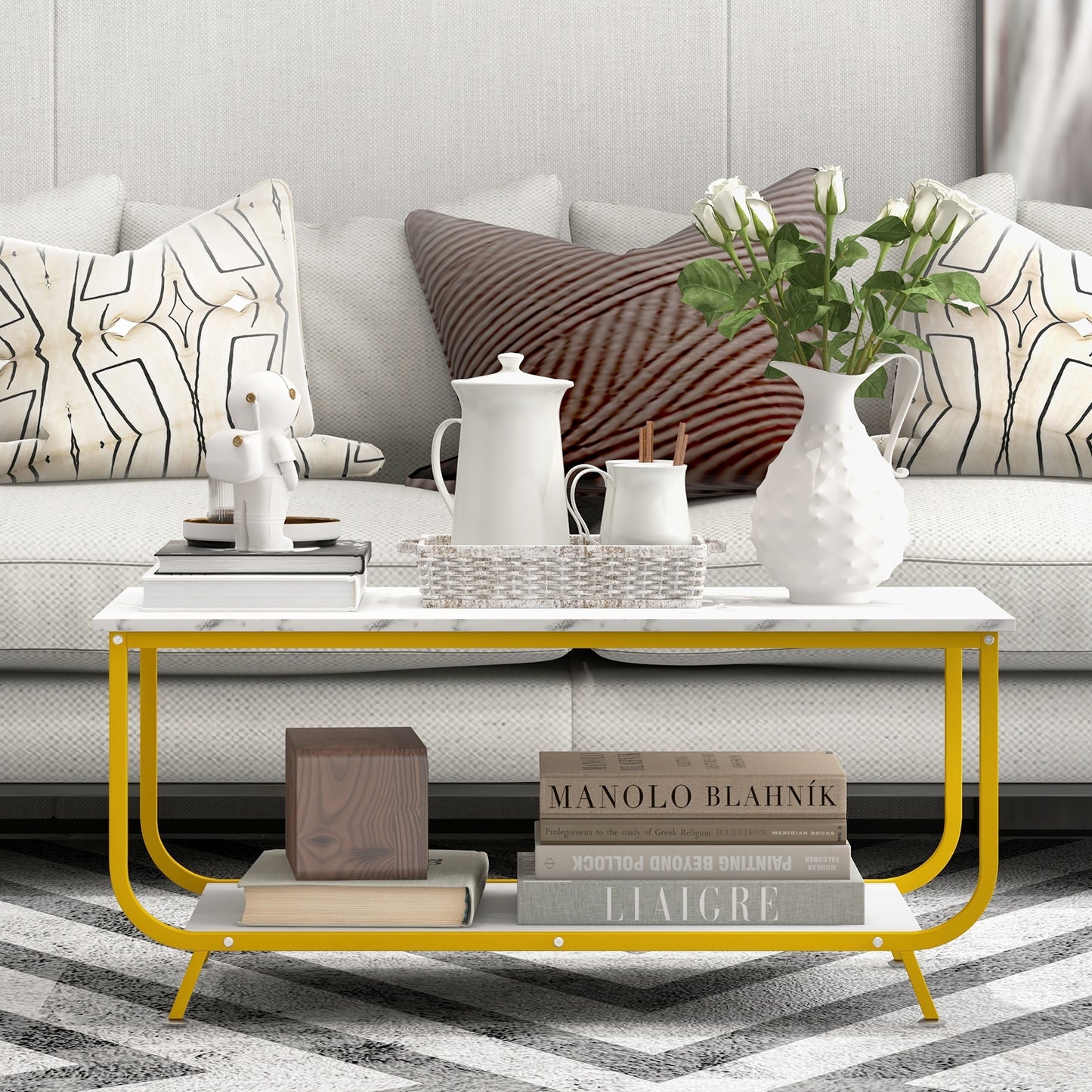 Modern Rectangular Coffee Table with Faux Marble Top and Two-Tier Metal Frame
