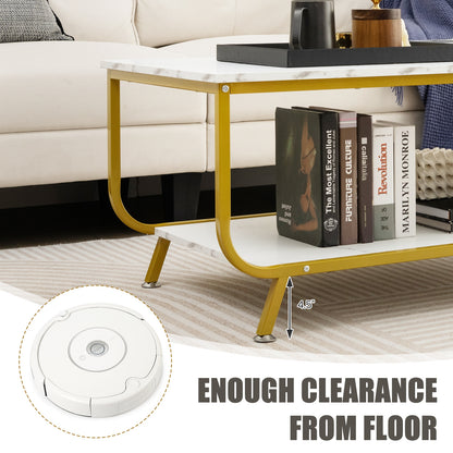 Modern Rectangular Coffee Table with Faux Marble Top and Two-Tier Metal Frame